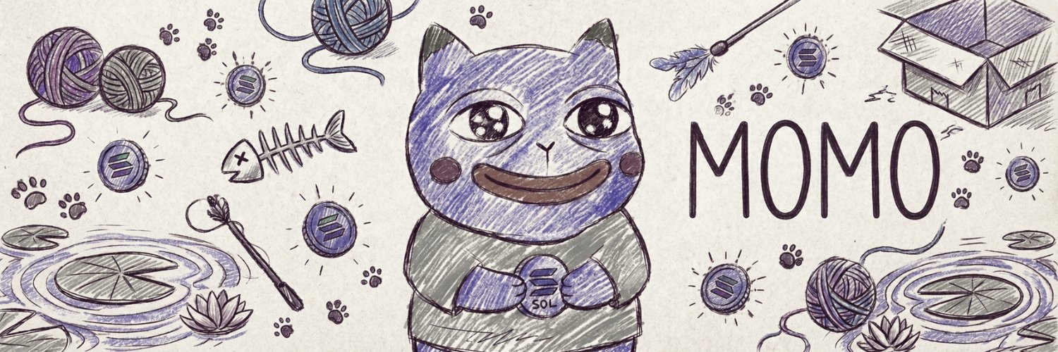 MOMO world — a hand-drawn sketch of Momo the cat surrounded by Solana coins, yarn balls, and lily pads